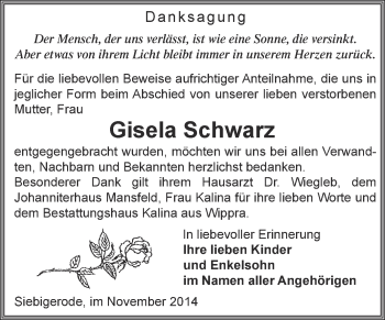 Traueranzeige von Gisela Schwarz von Wochenspiegel Mansfelder Land
