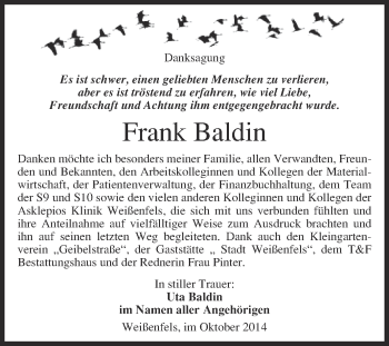 Traueranzeige von Frank Baldin von WVG - Wochenspiegel NMB / WSF / ZTZ