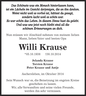 Traueranzeige von Willi Krause von WVG - Wochenspiegel Aschersleben
