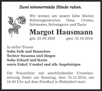 Traueranzeige von Margot Hausmann von Super Sonntag Bernburg
