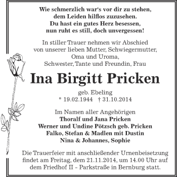 Traueranzeige von Ina Birgitt Pricken von Super Sonntag Bernburg