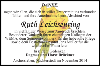 Traueranzeige von Ruth Leichsenring von WVG - Wochenspiegel Aschersleben