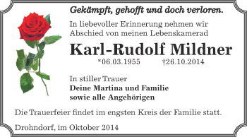 Traueranzeige von Karl-Rudolf Mildner von WVG - Wochenspiegel Aschersleben