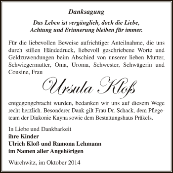 Traueranzeige von Ursula Kloß von Super Sonntag Zeitz