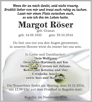 Traueranzeige von Margot Röser von WVG - Wochenspiegel Bitterfeld