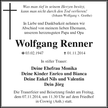 Traueranzeige von Wolfgang Renner von WVG - Wochenspiegel Dessau / Köthen