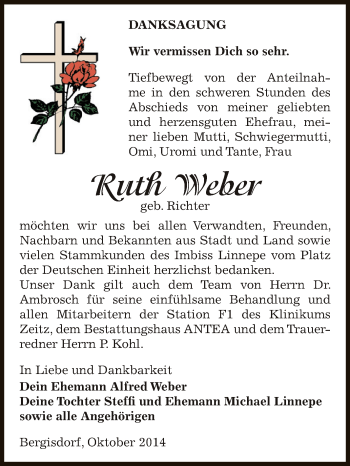 Traueranzeige von Ruth Weber von Super Sonntag Zeitz