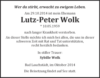 Traueranzeige von Lutz-Peter Wolk von WVG - Wochenspiegel Merseburg
