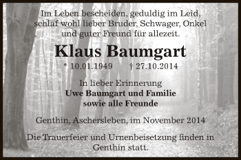 Traueranzeige von Klaus Baumgart von WVG - Wochenspiegel Aschersleben