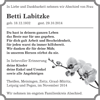Traueranzeige von Betti Labitzke von Super Sonntag Zeitz