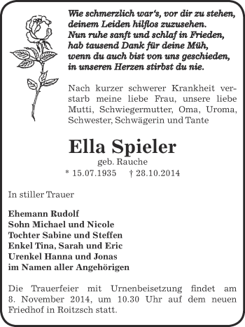Traueranzeige von Ella Spieler von WVG - Wochenspiegel Bitterfeld