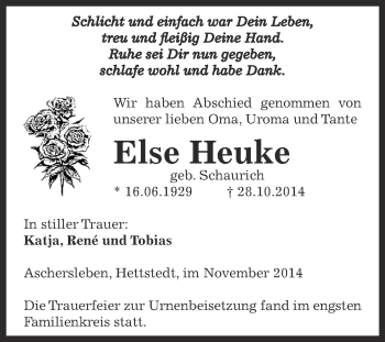 Traueranzeige von Else Heuke von Super Sonntag SGH Mansf. Land