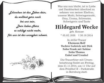 Traueranzeige von Hildegard Wecke von Super Sonntag Bernburg