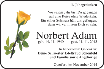 Traueranzeige von Norbert Adam von Super Sonntag Merseburg