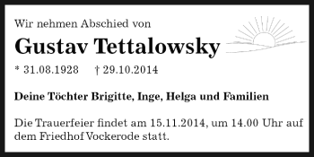 Traueranzeige von Gustav Tettalowsky von WVG - Wochenspiegel Dessau / Köthen