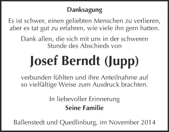Traueranzeige von Josef Berndt von WVG - Wochenspiegel Quedlinburg