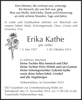 Traueranzeige von Erika Kathe von WVG - Wochenspiegel NMB / WSF / ZTZ