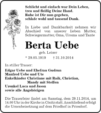 Traueranzeige von Berta Uebe von WVG - Wochenspiegel Dessau / Köthen