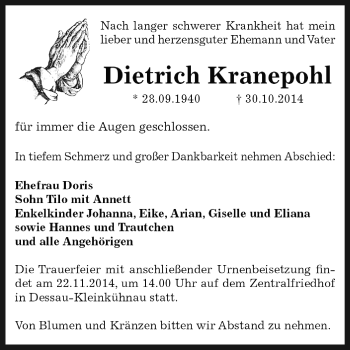 Traueranzeige von Dietrich Kranepohl von WVG - Wochenspiegel Dessau / Köthen