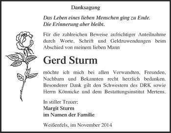 Traueranzeige von Gerd Sturm von WVG - Wochenspiegel NMB / WSF / ZTZ