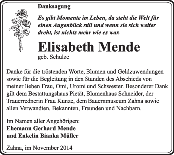 Traueranzeige von Elisabeth Mende von Super Sonntag Wittenberg