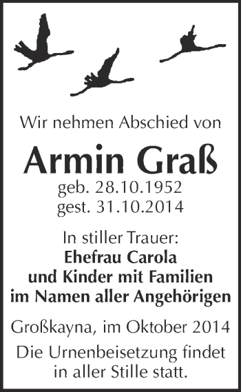 Traueranzeige von Armin Graß von WVG - Wochenspiegel Merseburg