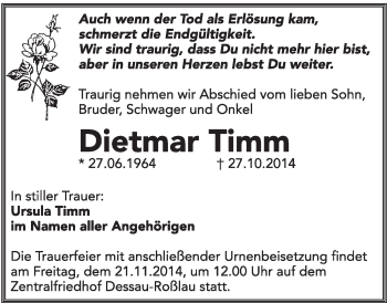 Traueranzeige von Dietmar Timm von Super Sonntag Dessau / Köthen