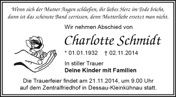 Traueranzeige von Charlotte Schmidt von WVG - Wochenspiegel Dessau / Köthen