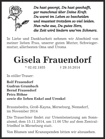 Traueranzeige von Gisela Frauendorf von Super Sonntag Zeitz