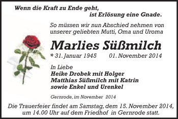 Traueranzeige von Marlies Süßmilch von WVG - Wochenspiegel Quedlinburg