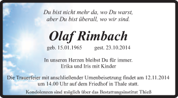 Traueranzeige von Olaf Rimbach von Super Sonntag Quedlinburg