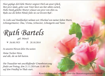 Traueranzeige von Ruth Bartels von Super Sonntag Quedlinburg