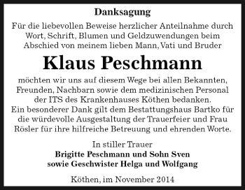 Traueranzeige von Klaus Peschmann von WVG - Wochenspiegel Dessau / Köthen