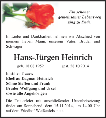 Traueranzeige von Hans-Jürgen Heinrich von WVG - Wochenspiegel NMB / WSF / ZTZ
