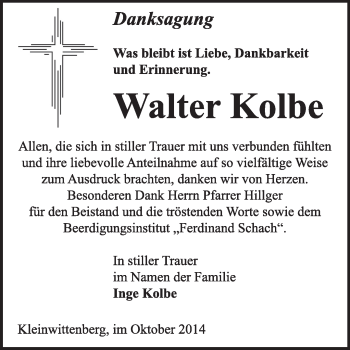 Traueranzeige von Walter Kolbe von WVG - Wochenspiegel Wittenberg
