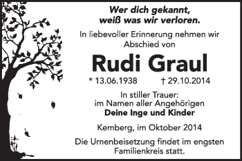 Traueranzeige von Rudi Graul von WVG - Wochenspiegel Wittenberg