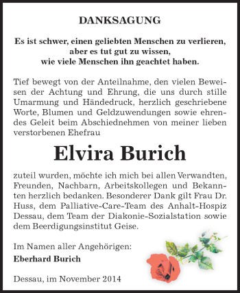 Traueranzeige von Elvira  Burich von WVG - Wochenspiegel Dessau / Köthen