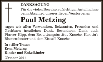 Traueranzeige von Paul Metzing von Super Sonntag Aschersleben