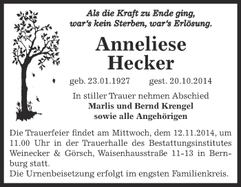 Traueranzeige von Anneliese Hecker von Super Sonntag Bernburg