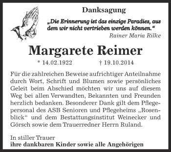 Traueranzeige von Margarete Reimer von Super Sonntag Bernburg