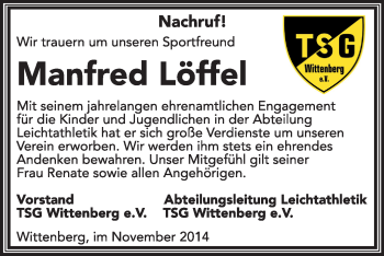 Traueranzeige von Manfred Löffel von Super Sonntag Wittenberg