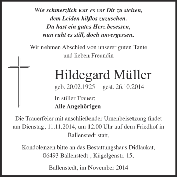 Traueranzeige von Hildegard Müller von WVG - Wochenspiegel Quedlinburg