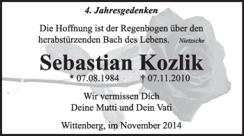 Traueranzeige von Sebastian Kozlik von Super Sonntag Wittenberg