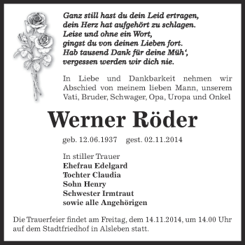 Traueranzeige von Werner Röder von Super Sonntag Bernburg