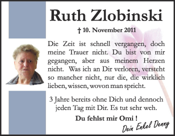 Traueranzeige von Ruth Zlobinski von Super Sonntag Aschersleben