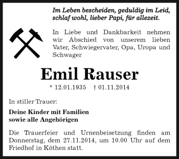 Traueranzeige von Emil Rauser von WVG - Wochenspiegel Dessau / Köthen