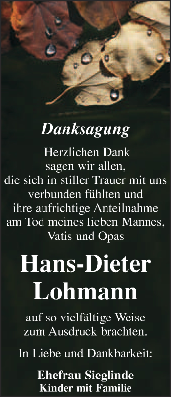 Traueranzeige von Hans-Dieter Lohmann von WVG - Wochenspiegel NMB / WSF / ZTZ