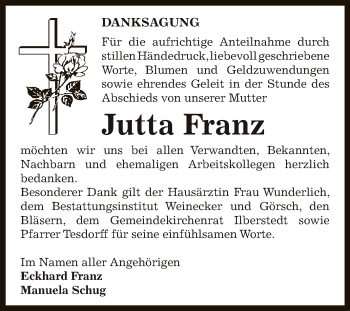 Traueranzeige von Jutta Franz von Super Sonntag Bernburg
