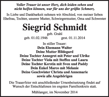 Traueranzeige von Siegrid Schmidt von Super Sonntag Wittenberg
