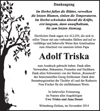 Traueranzeige von Adolf Triska von WVG - Wochenspiegel Wittenberg